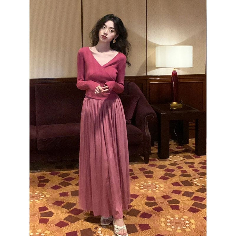 レトロ 2点セット ニットガンコート＋ハイウエストロングスカート ファッショ ン セット 韓国 新しい スーツ オールインワン