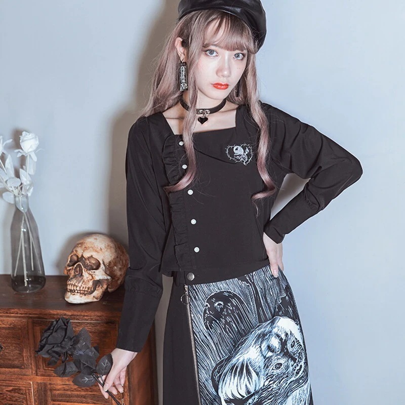 スクエアネックトップス レディース 長袖ブラウス 黒 前ボタン フリルシャツ 刺繍 バックリボン