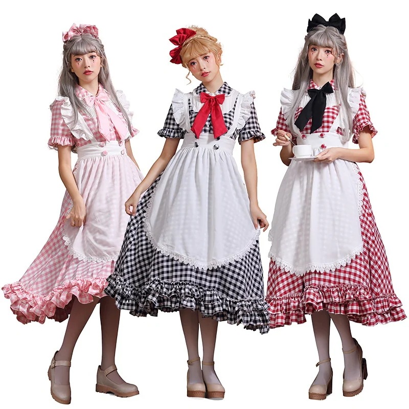 【送料無料】新最挑战ハロウィン23新設計 メイド服 チェック柄 ロング 喫茶店 3色展開 コスプレ ワンピース ロリータ 半袖 日常 萌え ハロウィン 仮装 レディース 蝶結ぶ 衣装 可愛い 大人