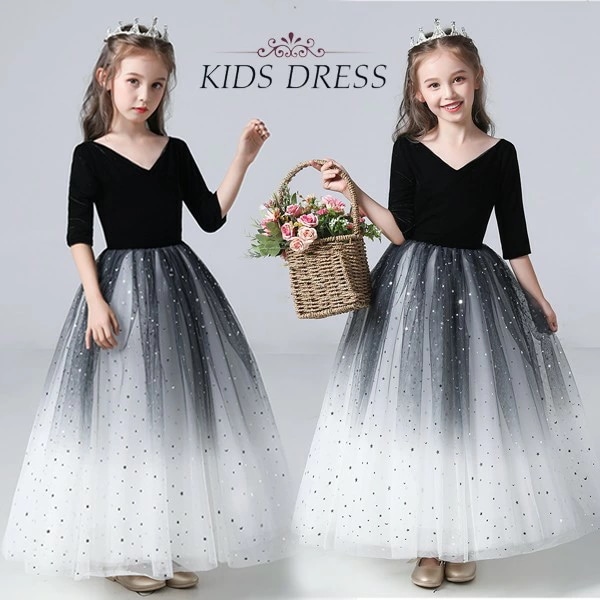 ドレス 子供 ピアノ 発表会 ピアノ発表会 中学生 ワンピース 女の子 ロングドレス 結婚式 ジュニア ピアノ発表会ドレス コンクール 袖付き 黒 パーティードレス イブニングドレス ロング キッズ