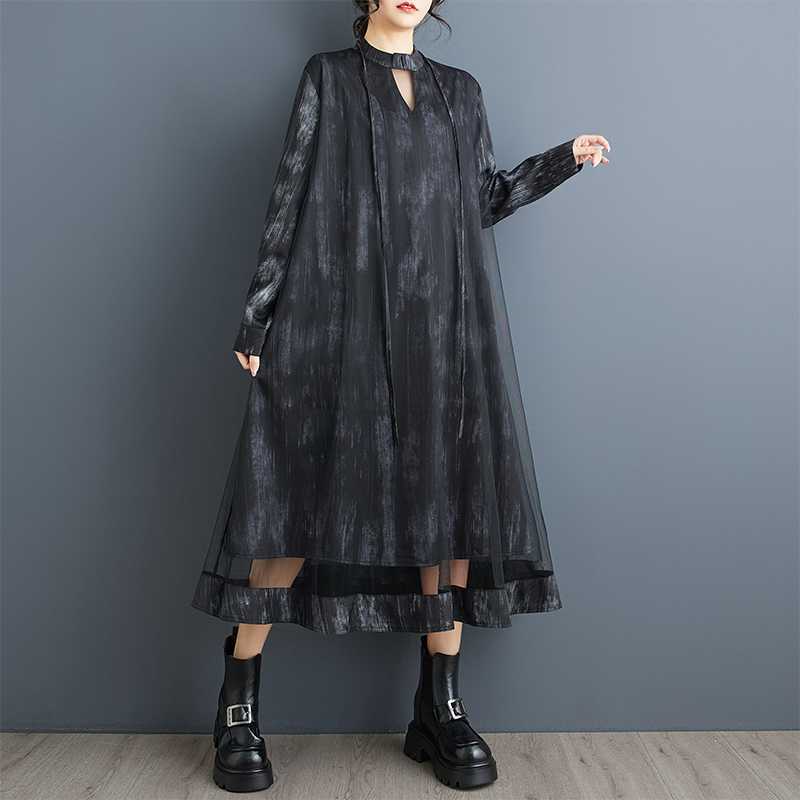 体型カバー ロングワンピース 「ファットガール」 チュールドッキング ワンピース 2026秋 vネック 大きいサイズ 2層 レディース