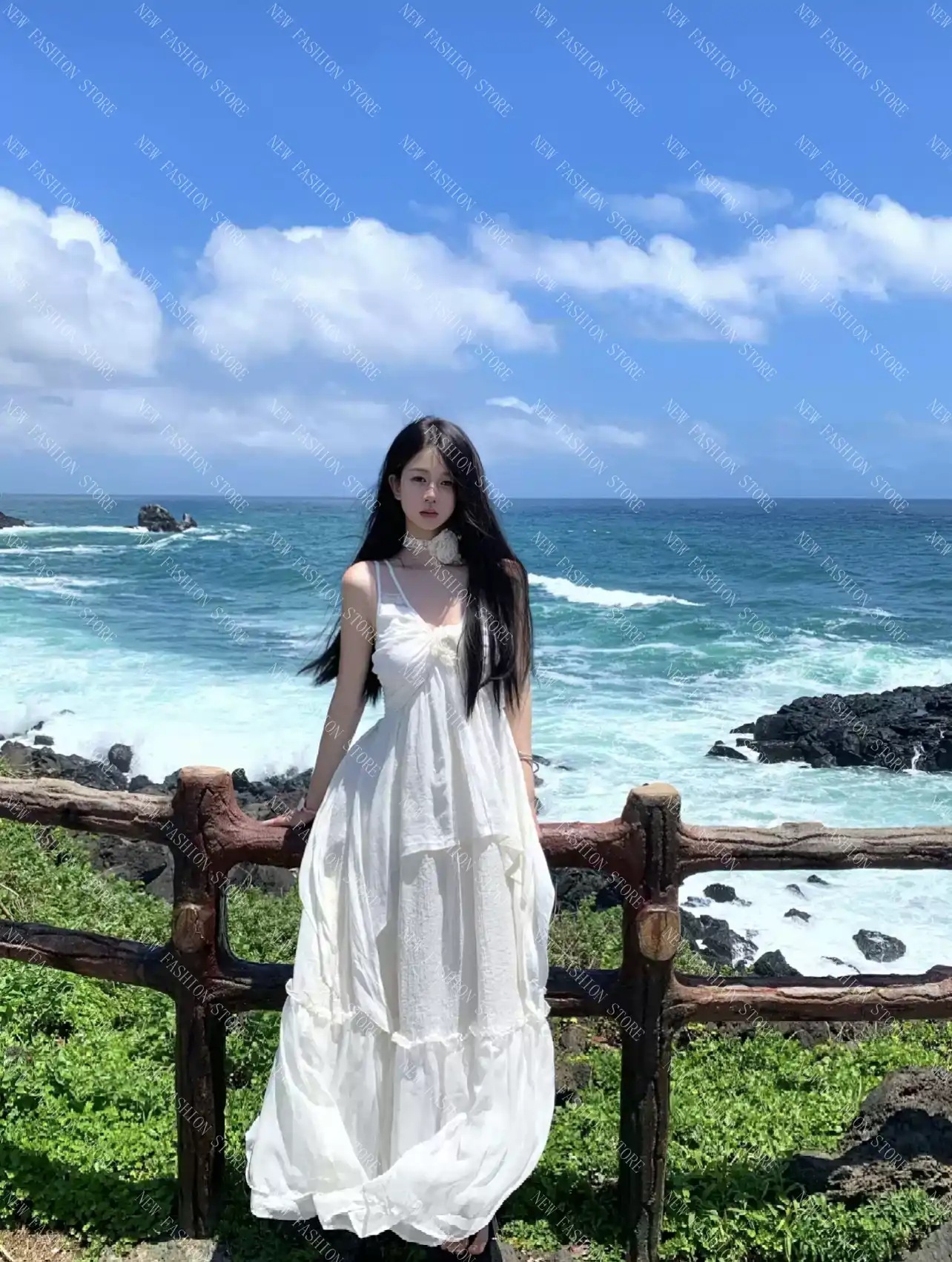 ストラップホワイトドレス春夏ロングスカートケーブルドレス-40