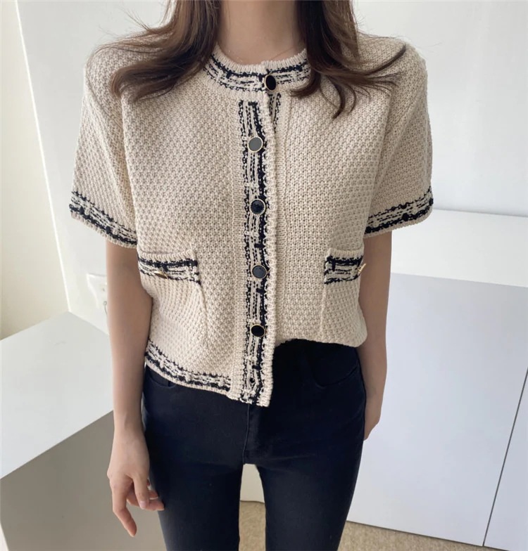 大好きな着こなし早い者勝ちc ゆったりする 半袖 薄い ニットトップス コート カジュアル 大人気 韓国 夏 ラウンドネック 単体ボタン カラーマッチング