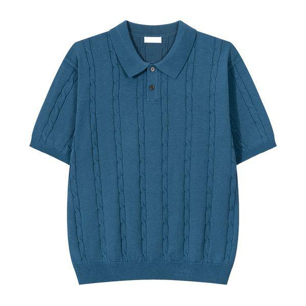 メンズプレミアムケーブルカラーネック半袖ニットTシャツ GN KNH Q013 ブルー_P422781138