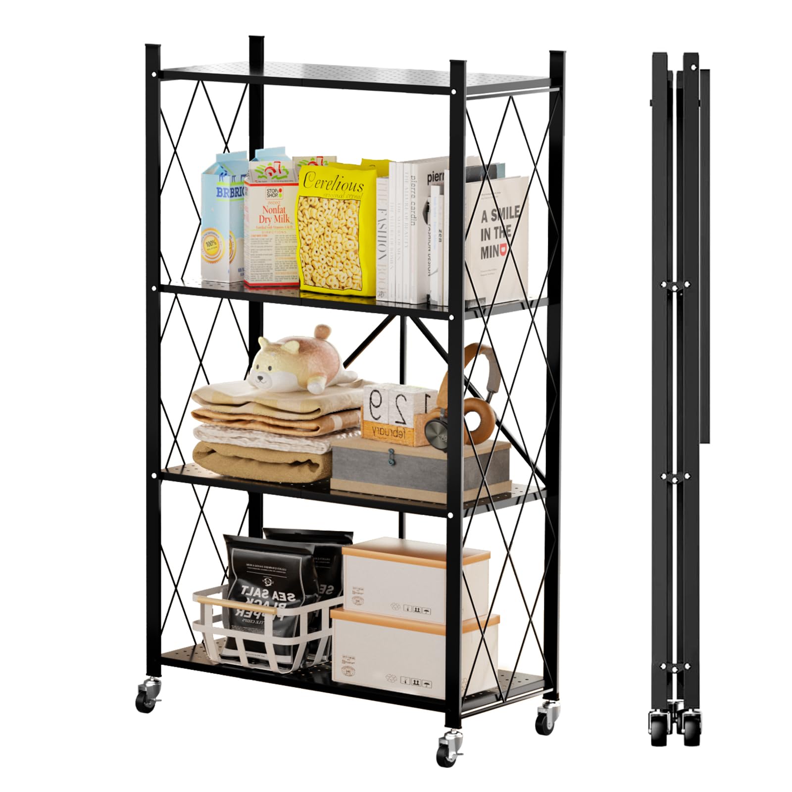 折り畳みラック 4段 幅71×奥行34 折りたたみ棚 収納ラック スチール メタルラック キャスター付き 頑丈なキッチンラック 折りたたみ式 金属制 組み立て不要 折りたたみ式シェルフ Folding
