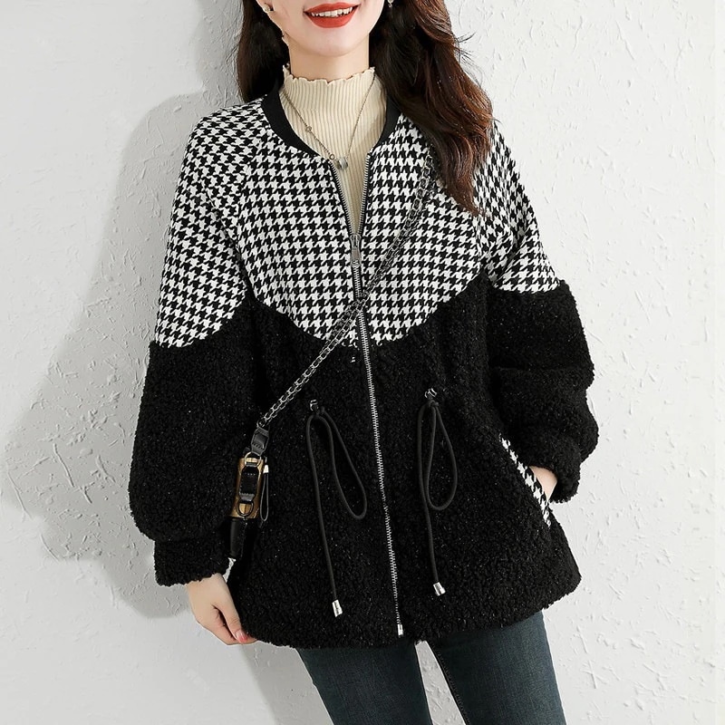 スタジャンジャケットレディース秋冬作長袖チェック柄ジャケットミディアム丈コートノーカラージャケットアウターオシャレ韓国風