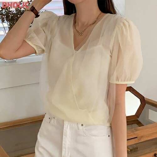 [メガ割りSALE]シースルーパフスリーブラップ調夏ブラウス・1917591