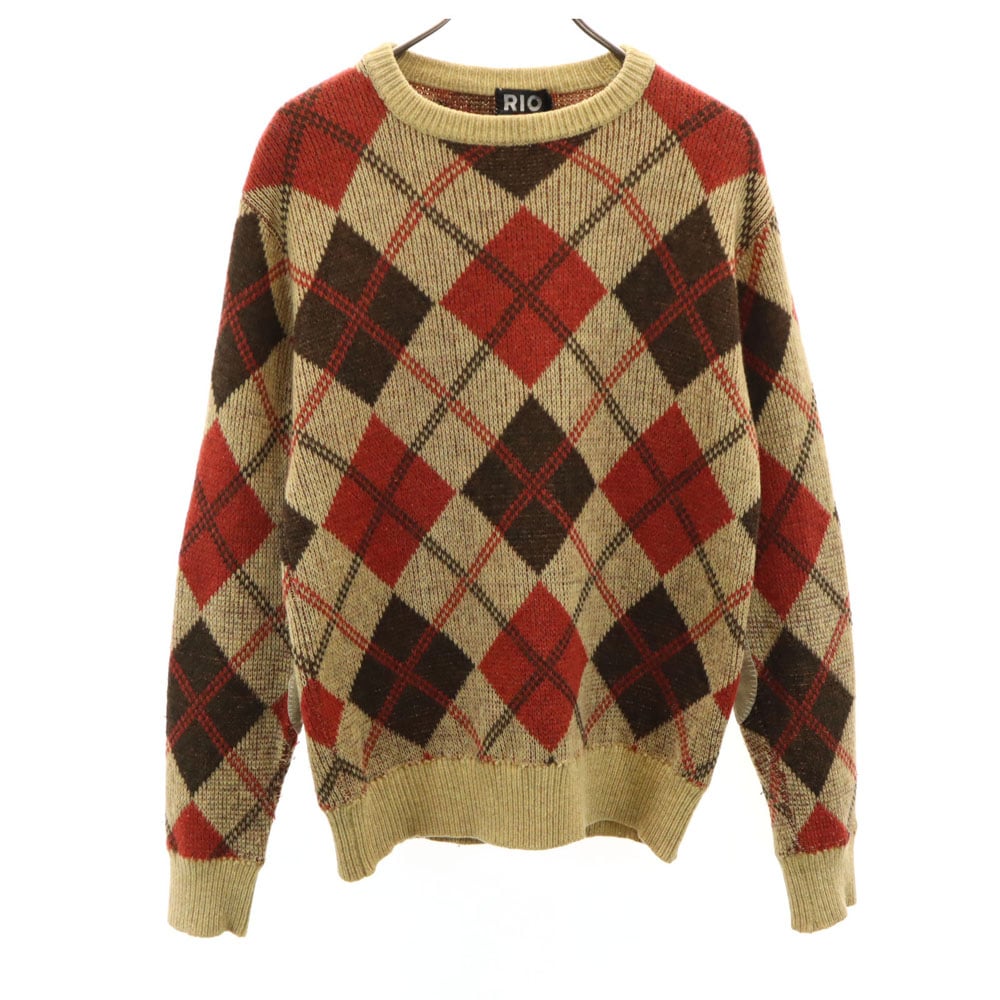 リオ 90s 80s オールド アーガイル柄 長袖 エルボーパッチ セーター M レッド×オクター Rio ニット メンズ