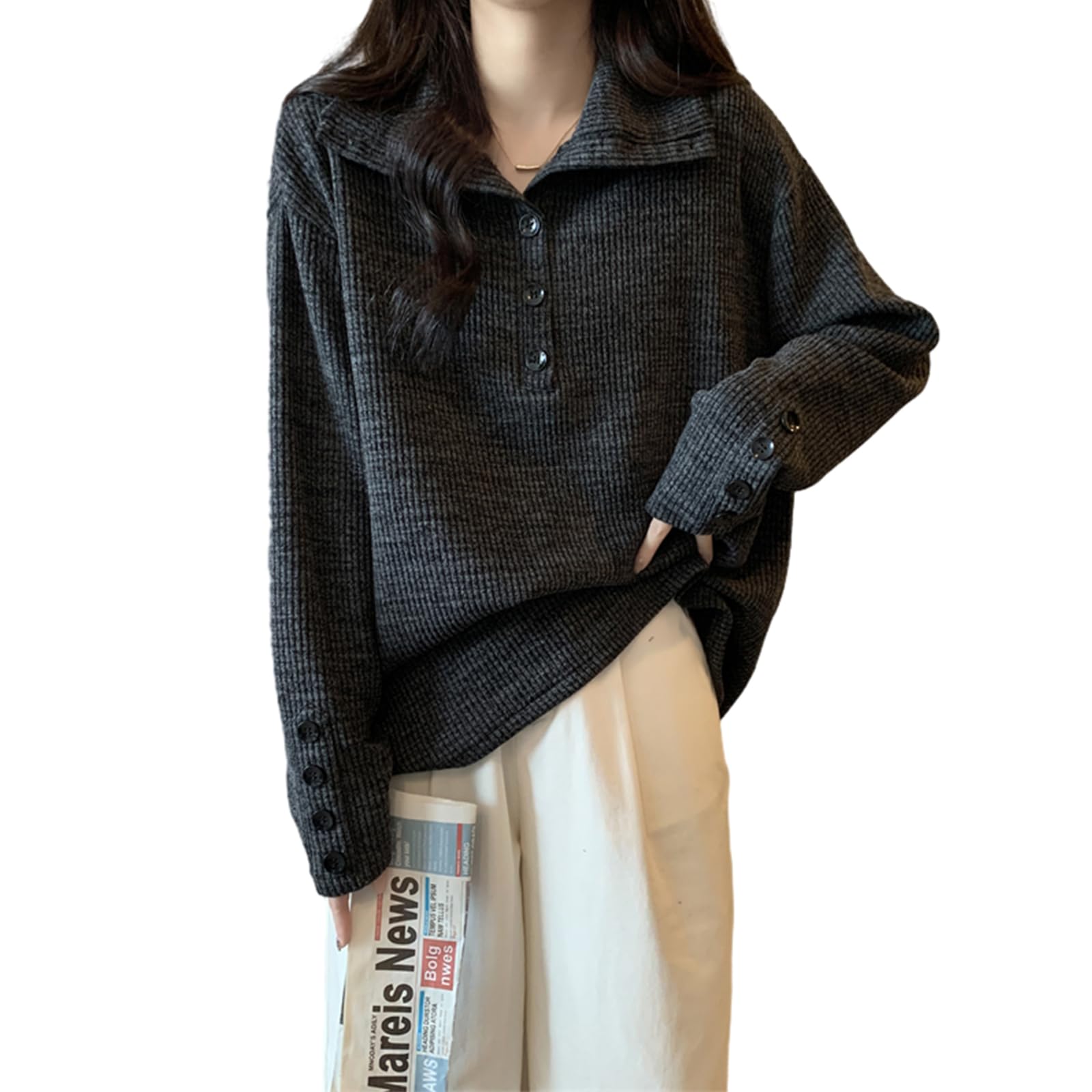 [OGCPWYQZ] レディース セーター トップス ニット 長袖 ボタン 細見え 大人 リラクシー ファッション 着痩せ 柔らかい ファッション 上品 カジュアル 無地 通勤 春 秋 冬