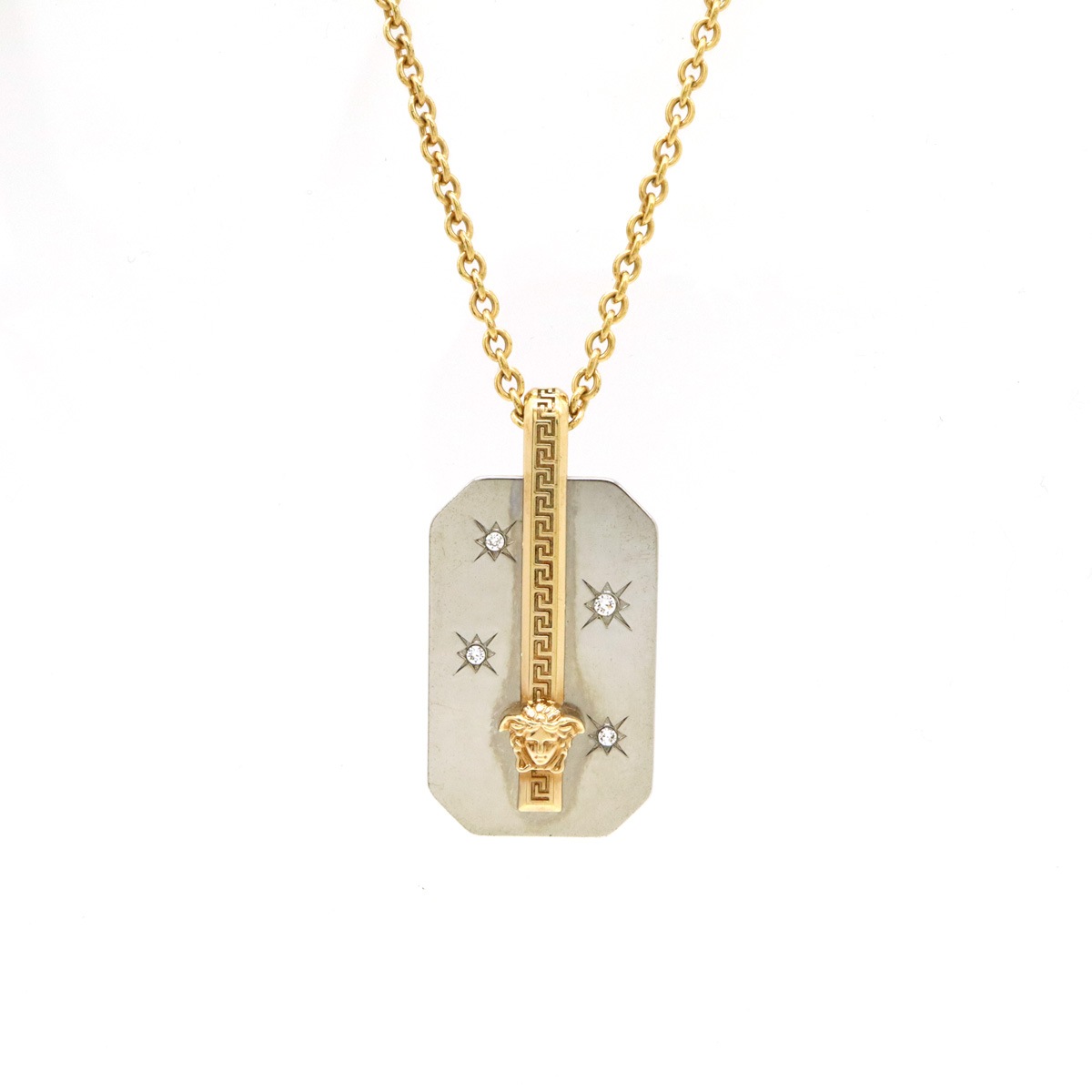 ベルサーチ メデューサ ネックレス ペンダント チェーン グレカ GP メタル ラインストーン ゴールド シルバ