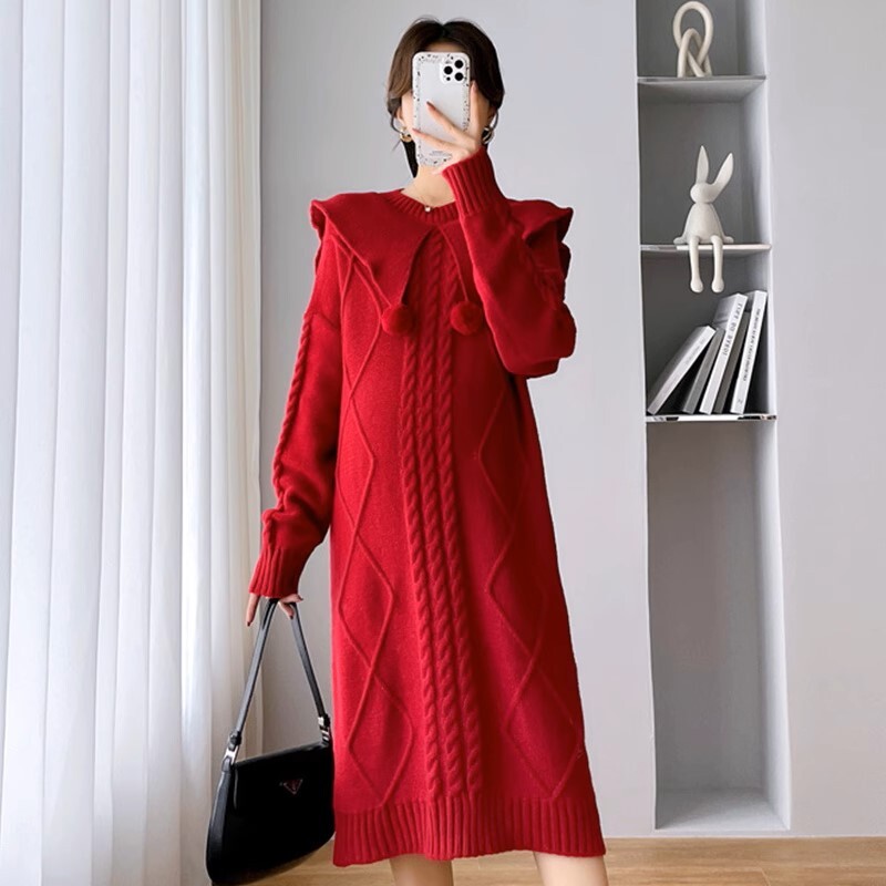 ワンピース マタニティ 全3色 授乳口付き ニット 襟付き ポンポン 長袖 ロング丈 クリスマスカラー レディース 大人可愛い ママコーデ ママファッション ママ服 マタニティウェア 人気 5,560円