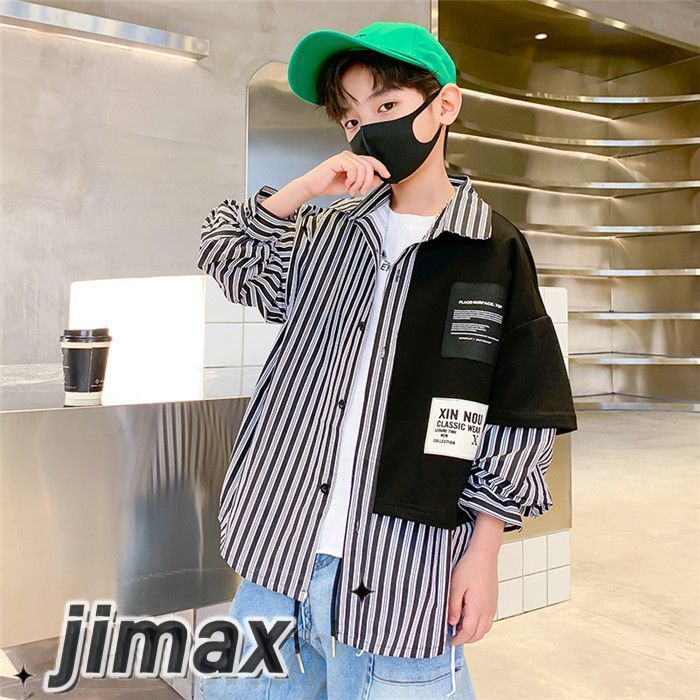 シャツ キッズ 子供服 トップス 長袖シャツ ストライプ シンプル 上着 羽織り 男の子 ダンス衣装 キッズジャケット Gジャン 韓国子ども服スプライシングデザイン トップス ジュニア 春 秋 こども