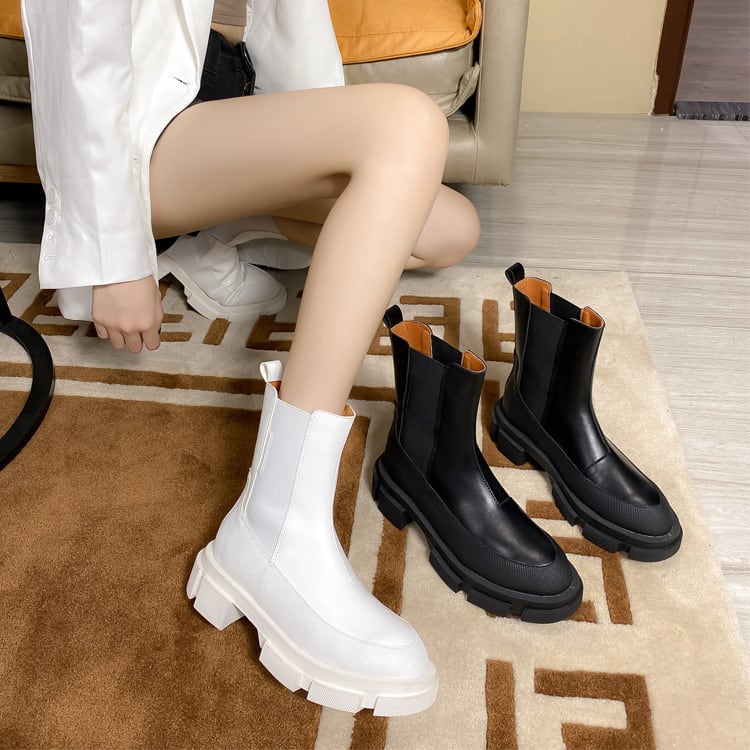 ショートブーツ サイド ゴア ブーツ 厚底 4.5cmヒール タンクソール ラウンドトゥ PU 歩きやすい 疲れない 身長盛れる 韓国 かっこいい カジュアル 最強 可愛い かわいい 流行り 個性的