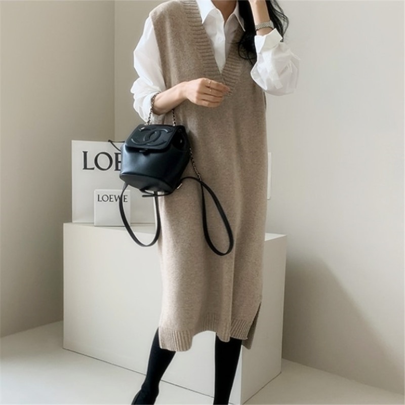 韓国ノースリーブVネックニット秋冬ウールニットワンピースミディアムセータータンクトップスカート