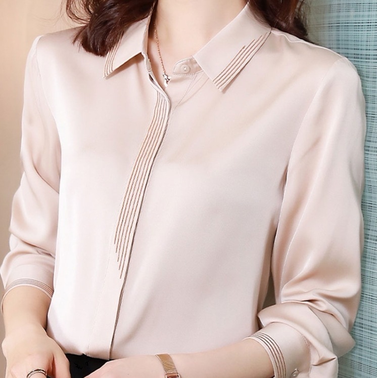 長袖シフォンシャツ オフィスカジュアル カジュアルシャツ シンプルシフォンシャツ トップス Tシャツ シャツ ブラウス カットソー 袖あり 長袖 Vネック 襟付き スリム 細身 ストレート Iライン