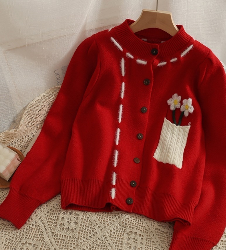 デート モテアイテム ニットソー カーディガン 長袖 刺繍 ポケット ウール 可愛い きれいめ 上品 おしゃれ かっこいい 可愛い ラブリー キュート ガーリー クール モード系 セクシー