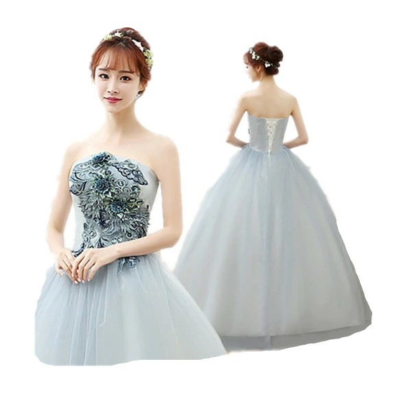 グレー/ブルー　カラードレス　二次会ドレス　パーティードレス　ウェディングドレス　演出舞台　発表会　演奏会用ドレス ロングドレス プリンセスライン　司会　ステージ衣装・二次会・花嫁衣裳にも