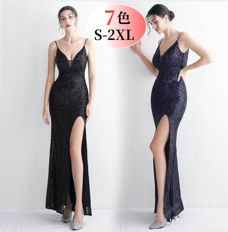 [総スパンコール キャミソール ワンピース キラキラ ステージドレス キャバドレス ロングドレス] 披露宴 二次会 タイトワンピース スリット入り 無地 イブニングドレス お花嫁 パーティードレス ウ