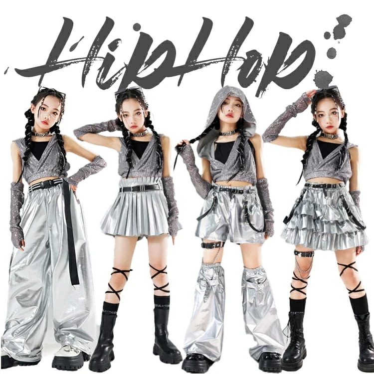 [3日出荷 新作]ダンス キッズ 女の子 シルバー スパンコール ティアードスカート フード付き ダンス衣装 ガールズ 無袖 スカート 長ズボン 短パンツ ダンスウェア 発表会 応援団 イベント