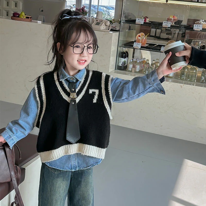 秋冬セット 韓国子供服 子供服 5女の子新しい三点セット秋のスーツ子供シャツベストベストジーンズ秋のスリーピーススーツ
