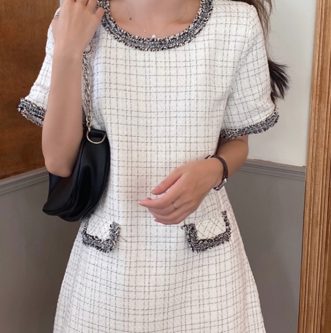 ワンピース デート かわいい 大人可愛い きれいめ シンプル カジュアル 大人 上品 おしゃれ ミドル丈 半袖 ツイード ラウンドネック 春 エレガント ママ 通勤 オフィス イベント 休日 韓国