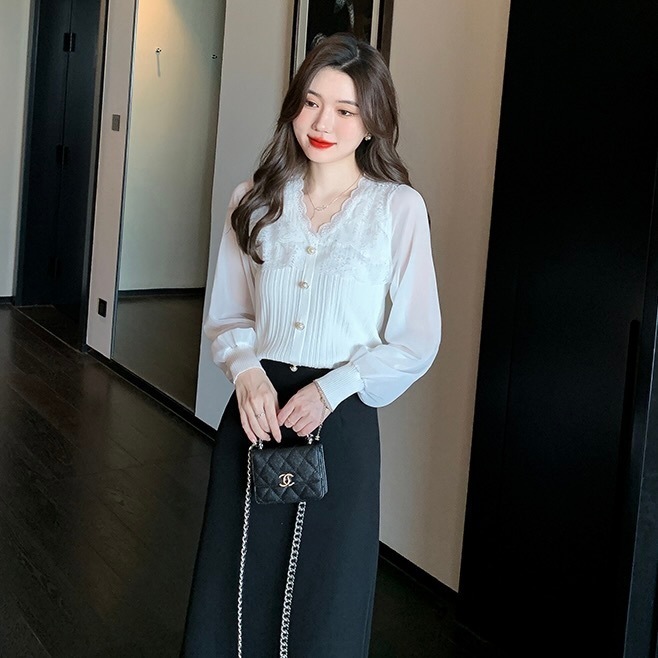 トップス シャツ ブラウス カーディガン 白シャツ 袖あり 長袖 パフスリーブ Vネック 襟なし レース チュール シフォン フリル 前開き 透け感 かわいい 大人可愛い きれいめ シンプル