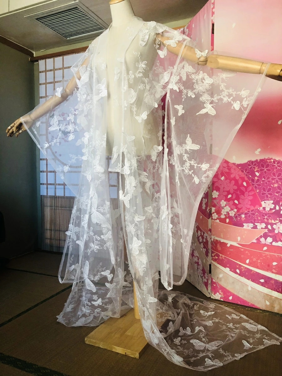 チュール打掛 オーガンジー打掛 着物 オーバードレス レース羽織 蝶 刺繍 ウエディングドレス和装花嫁 色打掛 撮影 舞台ステージ 演劇 芝居 芸者 浴衣 ホワイト