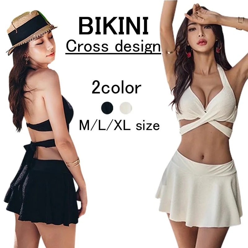 クロスデザインビキニ 水着 レディース セクシー 水着 2点セット みずぎ パッド付き ワイヤー入り 小胸 盛れる 谷間 ホルターネック 美バスト クロス カシュクール スイムウエア ショー