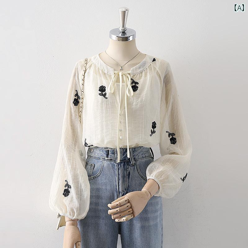 レディース シャツ ブラウス 長袖 春秋 インナー付きのプルオーバートップス ２点セット オフホワイト ループリボン 黒の花刺繍 ランタンスリーブ 透け感 シフォン エレガント フェミン