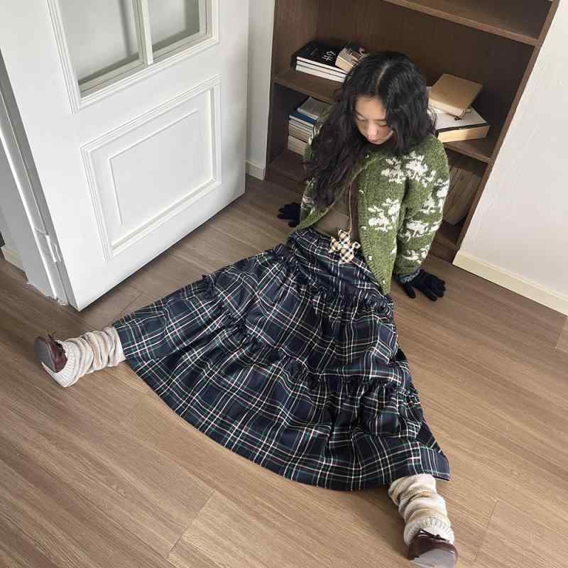 ティアードスカート ロング レディース ボトムス ガーリー マキシスカート レトロ 弾性 コットン ハイウエスト チェック 秋冬 ブルー