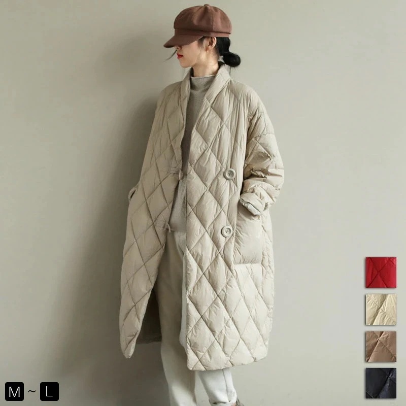 ダウンコート ダウン コート ロング丈 秋冬 レディース コート ダウンジャケット ダウンアウター ノーカラー ダウン アウター ジャケット ブラック ベージュ 羽織り 膝丈 着痩せ 真冬 カジュアル