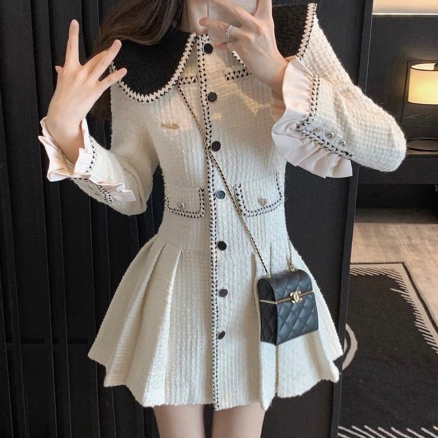 デザイン丸襟ツイードAラインミニワンピ