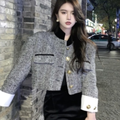 ショート丈ウールコート アウター クラシック ショート丈 袖あり 長袖 スタンドカラー