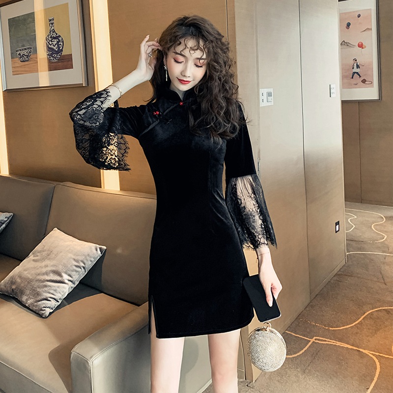 袖レース切り替え チャイナドレス風 マオカラー レッドビーズボタン ワンピース コスプレ