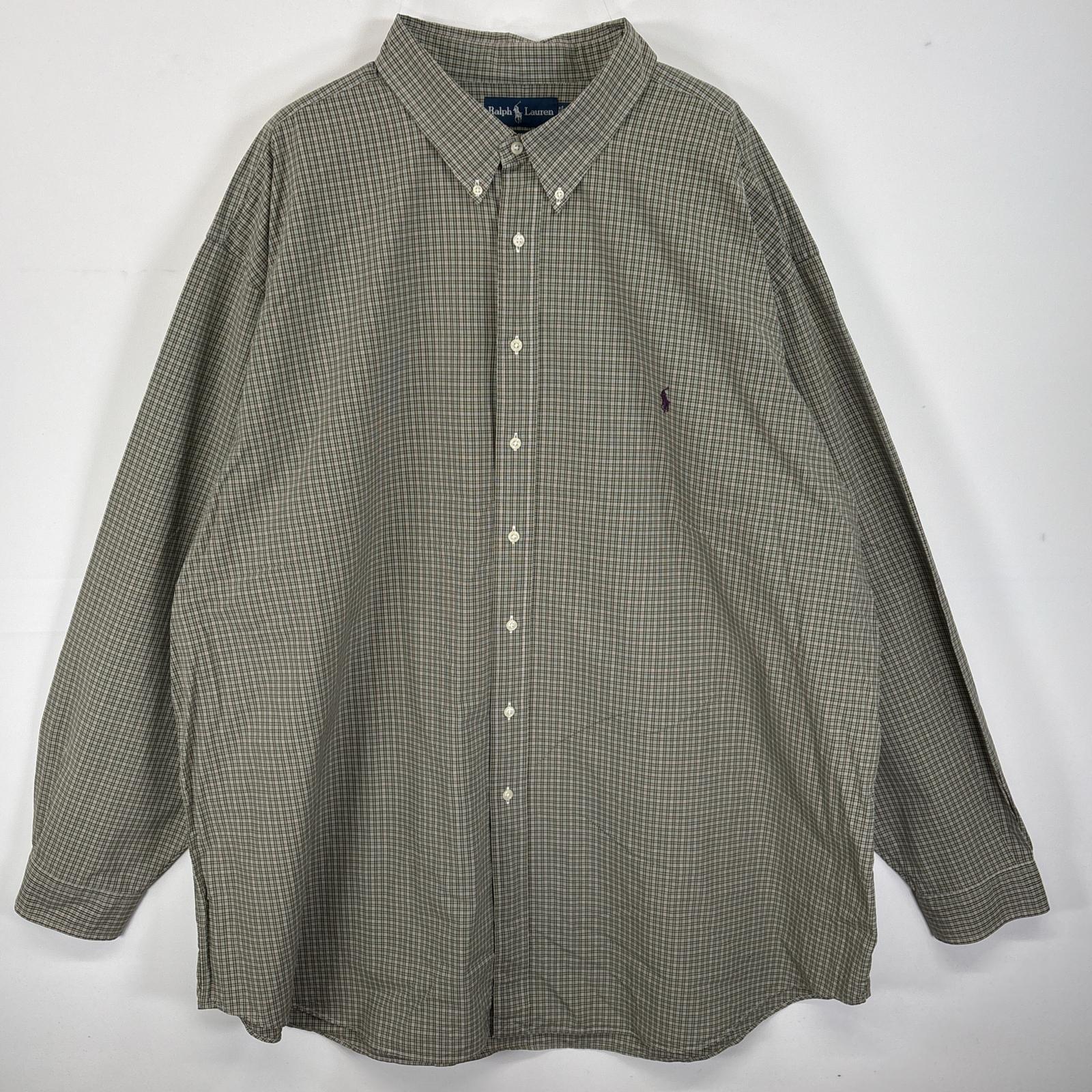 古着 長袖シャツ ボタンダウンシャツ ワンポイント ロゴ 刺繍 大きいサイズ 4XLT グリーン系 チェック メンズ