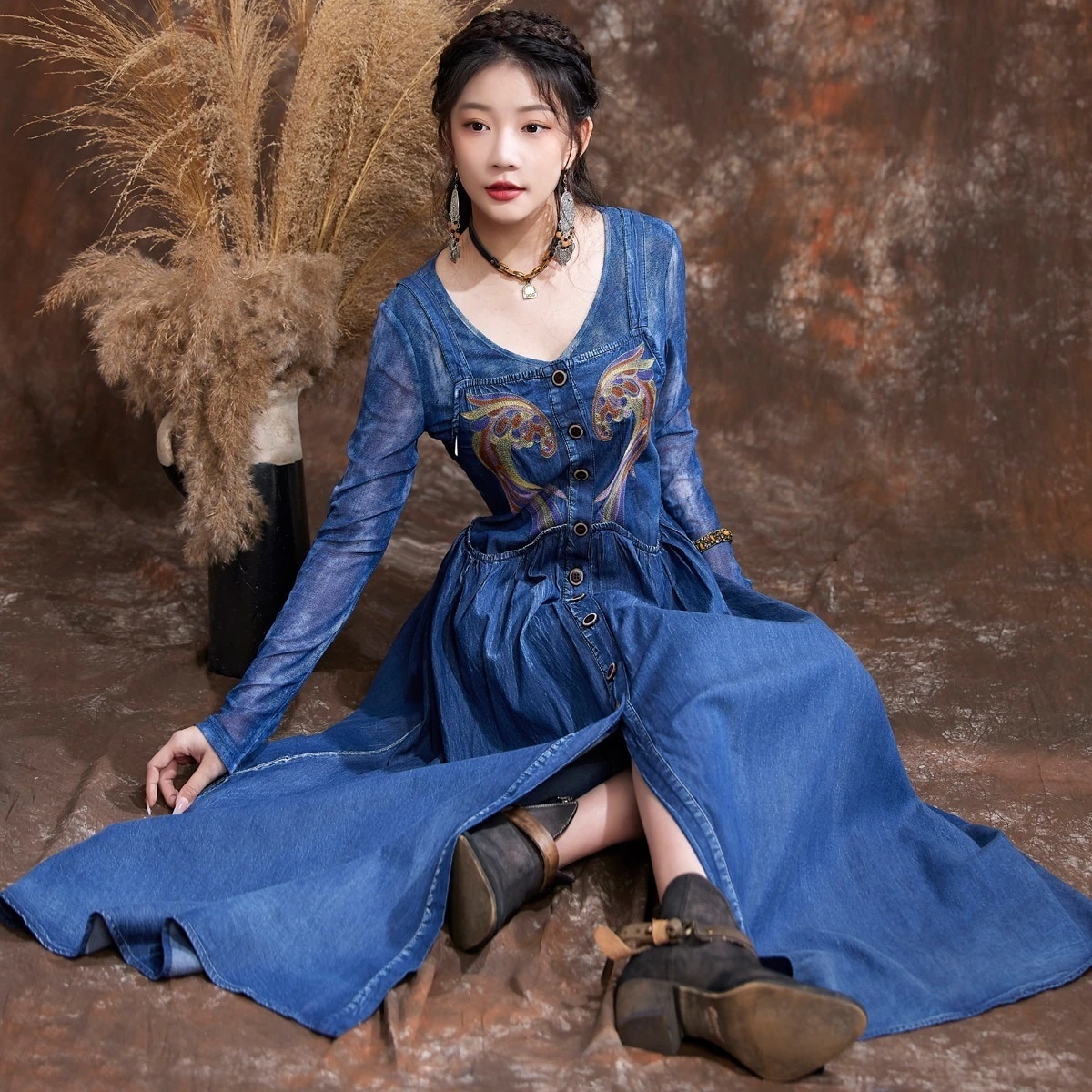 82575 細身ストラップネックデニムスカート スリムフィット お买い得 レトロ刺繍カーディガンドレス 5,188円