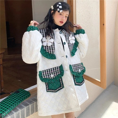 グリーンツイードデイジーデコキルティングジャケット