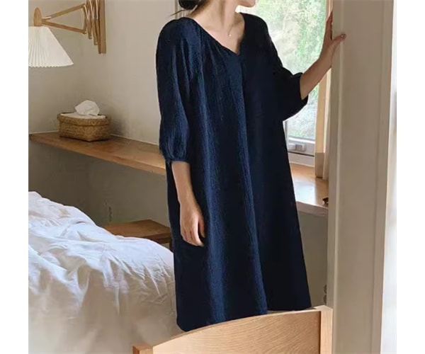 レディース ワンピース ルームウェア パジャマ プルオーバー 膝丈 ミドル丈 7分袖 Vネック フェミニン フリル 綿 コットン かわいい 大人可愛い きれいめ シンプル カジュアル 上品 おしゃれ