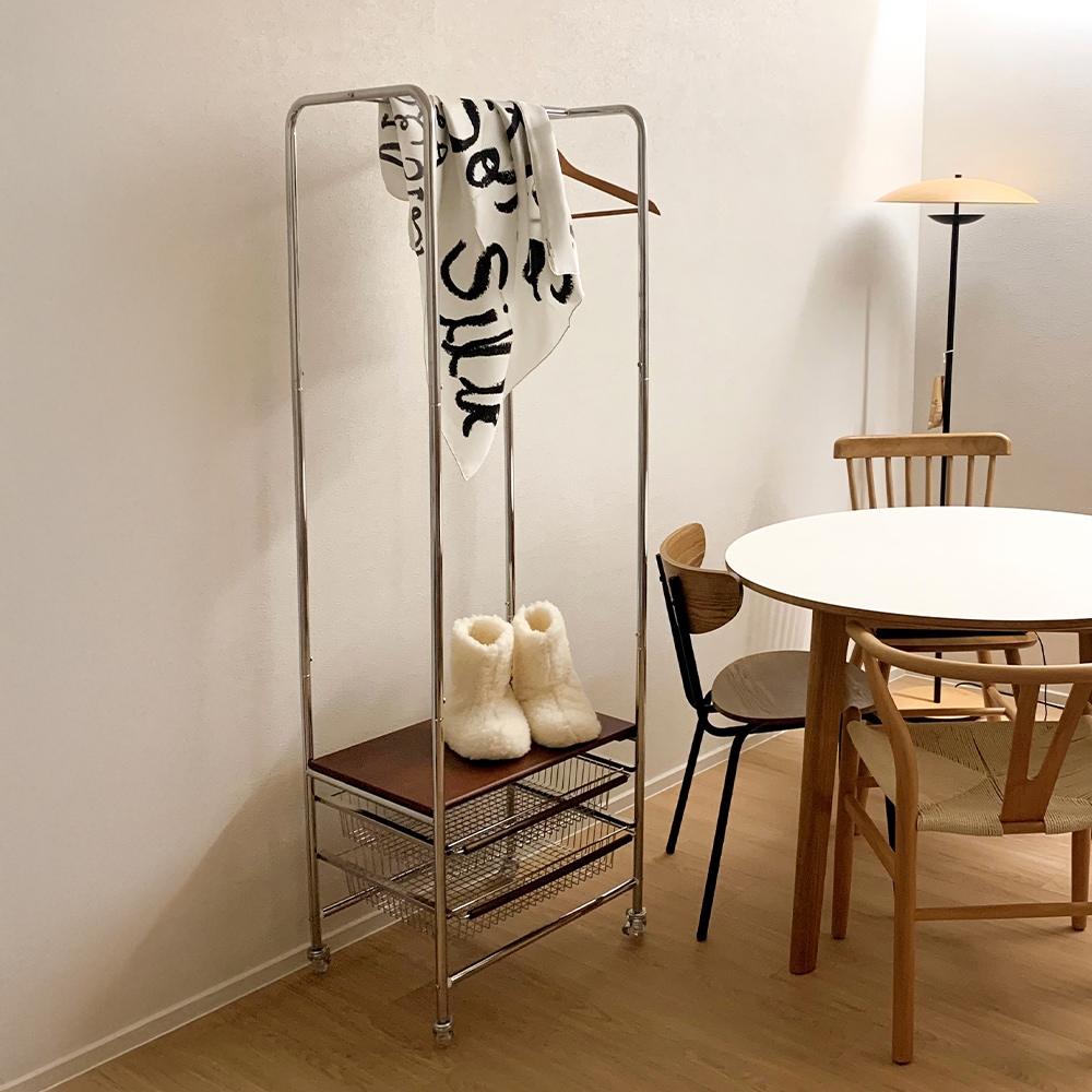 レトリーハンガートロリー 韓国インテリア ゴムの木 鉄 コート掛け 衣類収納 ハンガーラック かご付き 2段 おしゃれ スリム キャスター付き 50.3x39.5x170cm