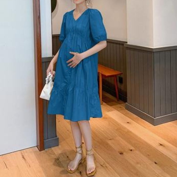 マタニティ夏服douyin 2024夏vネックファッション気質年齢低減中後期腹カバードレス