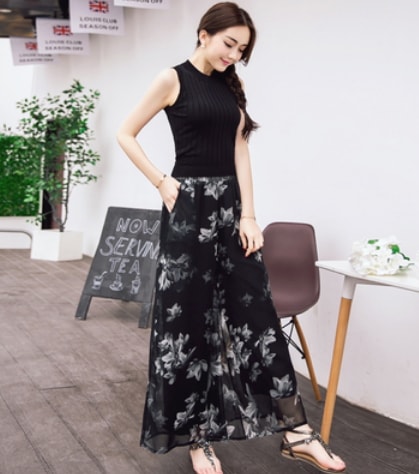 花柄シフォンワイドパンツ ボトム ロング丈 ワイド 綿 花柄 爽やか 大人スタイル 大人可愛い きれいめ シンプル カジュアル 大人 上品 おしゃれ かっこいい レトロ アジアン 大人可愛い 大人女子