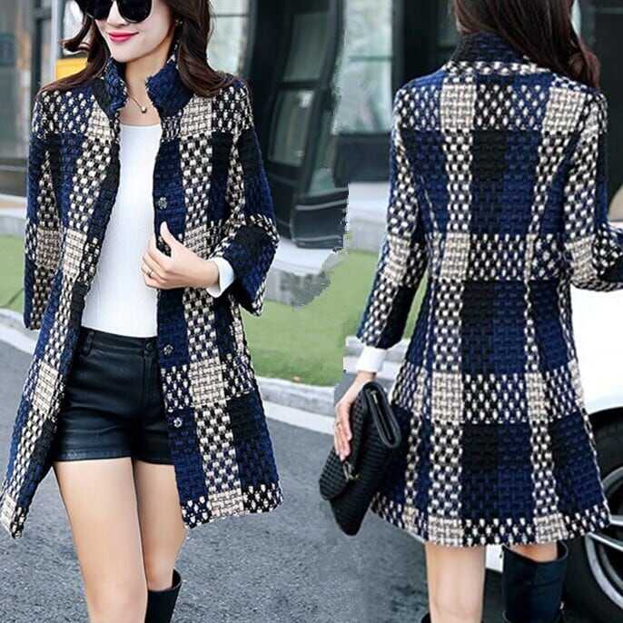 レディース ジャケット 上着 アウター 美シルエット 七分袖 ミドル丈 スタンドカラー チェック 格子柄 韓国 インスタ映え 高見え スタイルアップ 可愛い かわいい かっこいい カジュアル lout