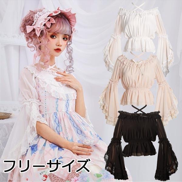 ロリータ ブラウス ゴスロリ シフォン レース 夏 シャツ ゴシック 貴族風 オフホワイト ブラック かわいい 学園祭 文化祭 パーティー
