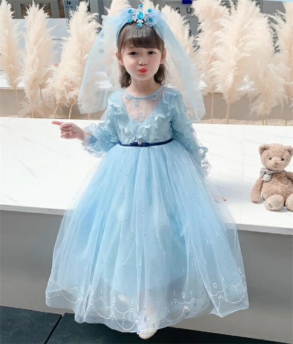 プリンセス ドレス 子供 キッズ ワンピース ロングドレス 仮装 コスプレ お姫様 誕生日 パーティードレス なりきりワンピース ブルー お遊戯会 衣装 可愛い 清楚 上品100 110 120 13