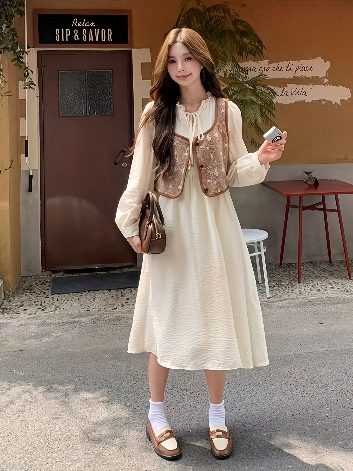 ヴィンテージフレンチスタイル ミドル丈ドレスセット 女性用 - ビンテージヴィブ Vネック長袖＆ミディスカート ベージュ/クリーム - ポリエステル洗濯機可 5,620円