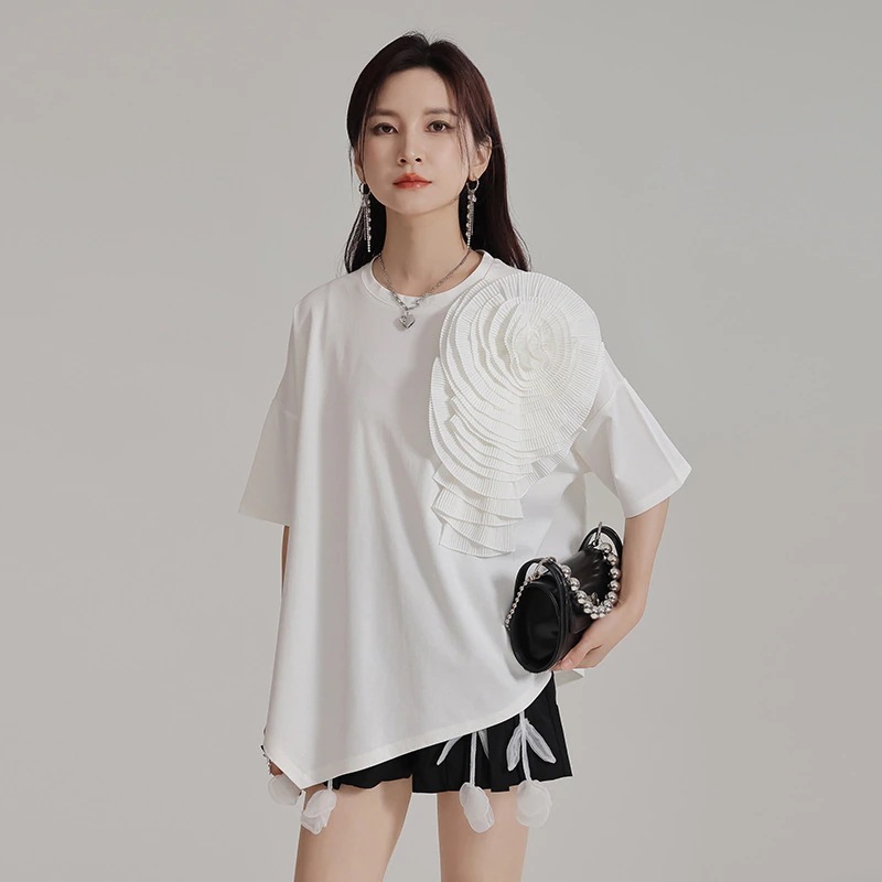 百ひだ立体花半袖tシャツ2024夏の新型不規則でゆるい丸襟上着女