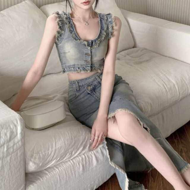 セットアップ レディース プルオーバー デニム スカート デニムスカート クロップド クロップド丈 ノースリーブ ノースリ 襟なし ラウン