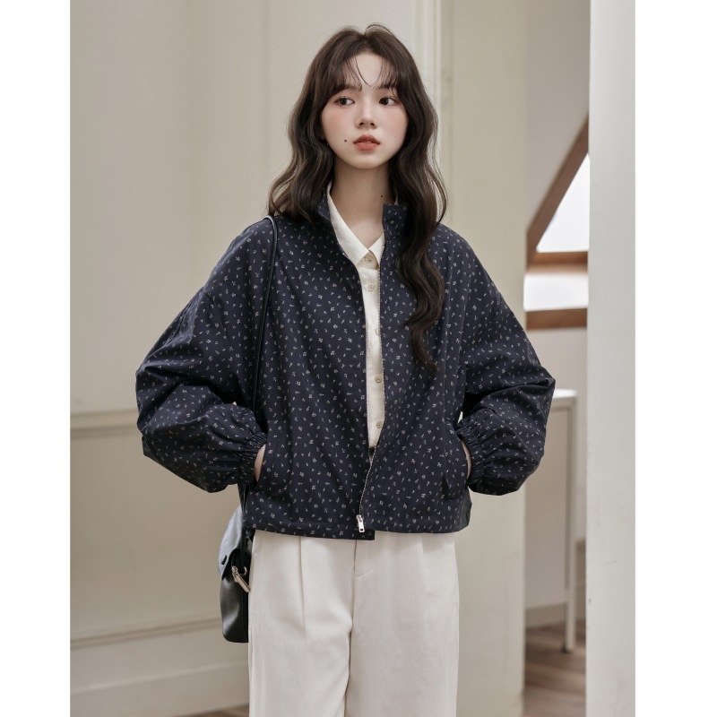 【急速出荷】送.料.無.料.カレッジ花柄スタンドカラージッパープリントポンチョ コート レディー 秋までヘビロテ！