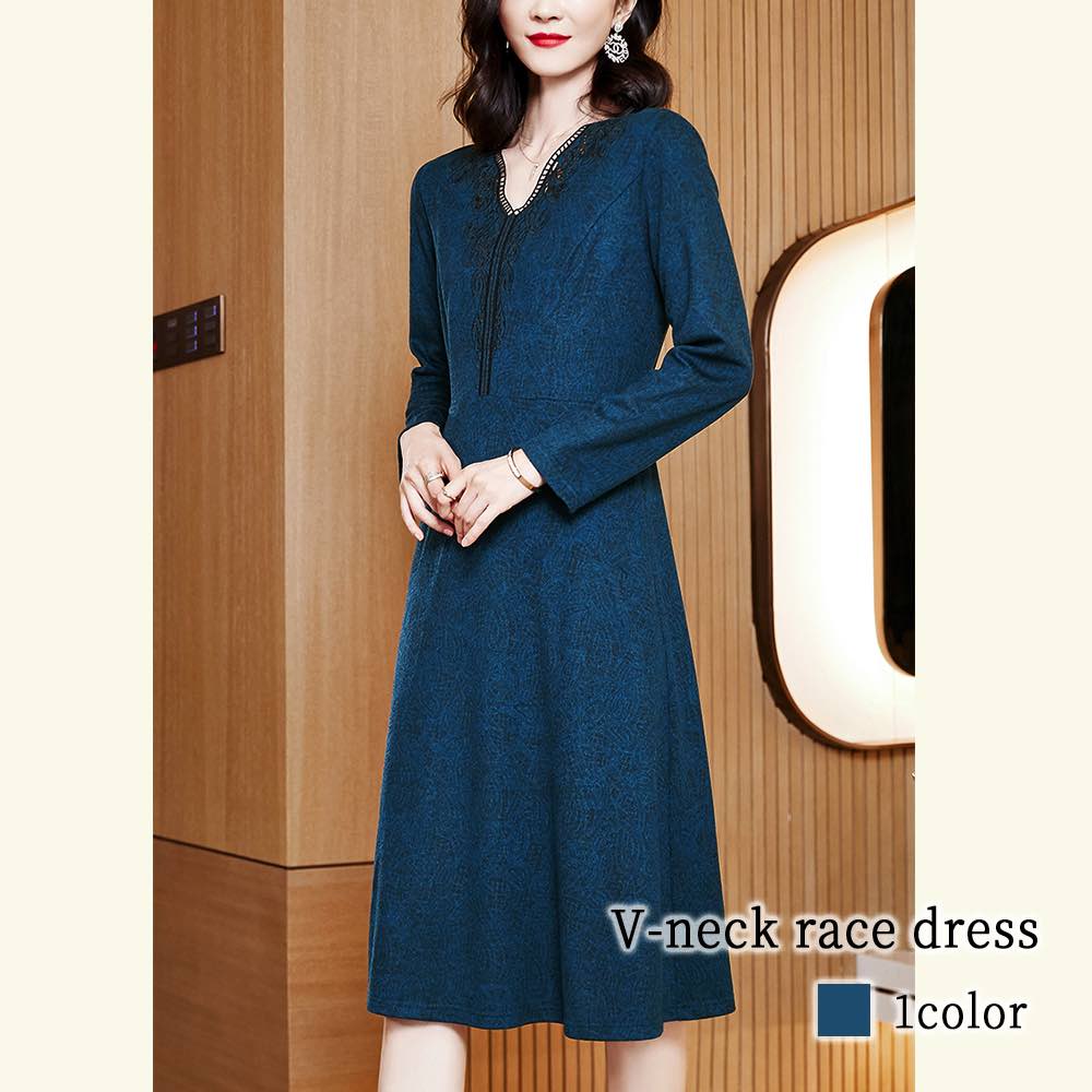 ワンピース レディース Vネックレースワンピース Aライン ネック 大人 韓国 秋 安い 大きいサイズ きれいめ 20代 スカート ロング 黒 白 40代 アウトドア 厚手 かわいい しっかり ニット