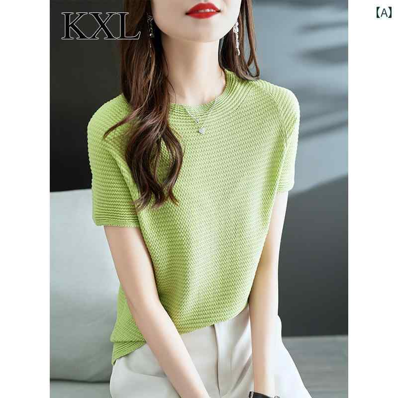 トップス レディース おしゃれ 上品 通勤 オフィス カジュアル 夏 蛍光 グリーン 薄手 涼しい 涼しい ひんやり 快適 ニット 半袖 Tシャツ